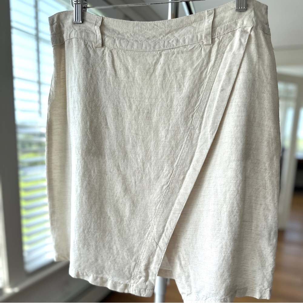 Just Living Cream Asymmetrical Faux Wrap Skirt, mini length, linen blend